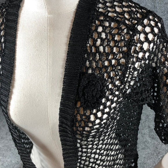 Bisou Bisou Open Knit Cardigan Womens S Black Tie Front Shrug Flower Applique - Picture 2 of 10